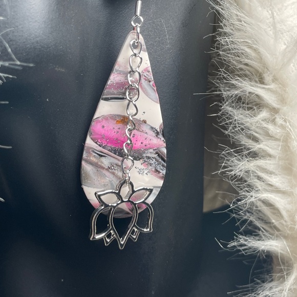 Elegant Pink, Gray and Silver Artisan Lotus Flower Dangle Earrings - Picture 12 of 12
